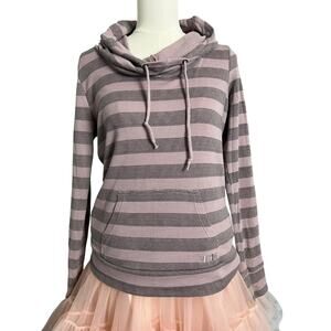 Volcom Getague Hooded Thermal Hoodie Juniors Large Pink Gray Stripe Cowl Neck